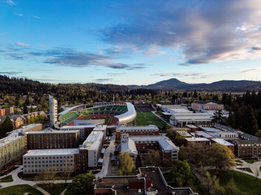 Aerial view of a stadium, city rooftops, and wooded hills.